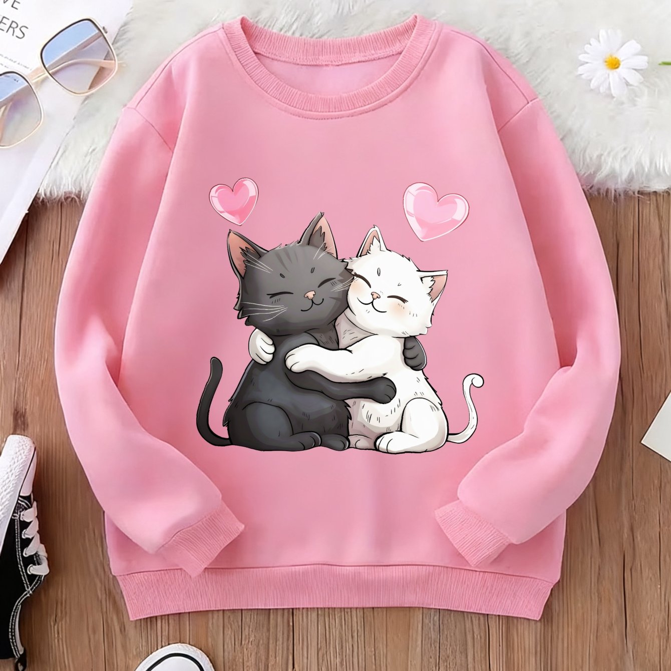 Image of Children's Hugging Cats And Hearts Print Thickened Crewneck Sweatshirt Soft Autumn Winter Casual Wear Gift For Kids