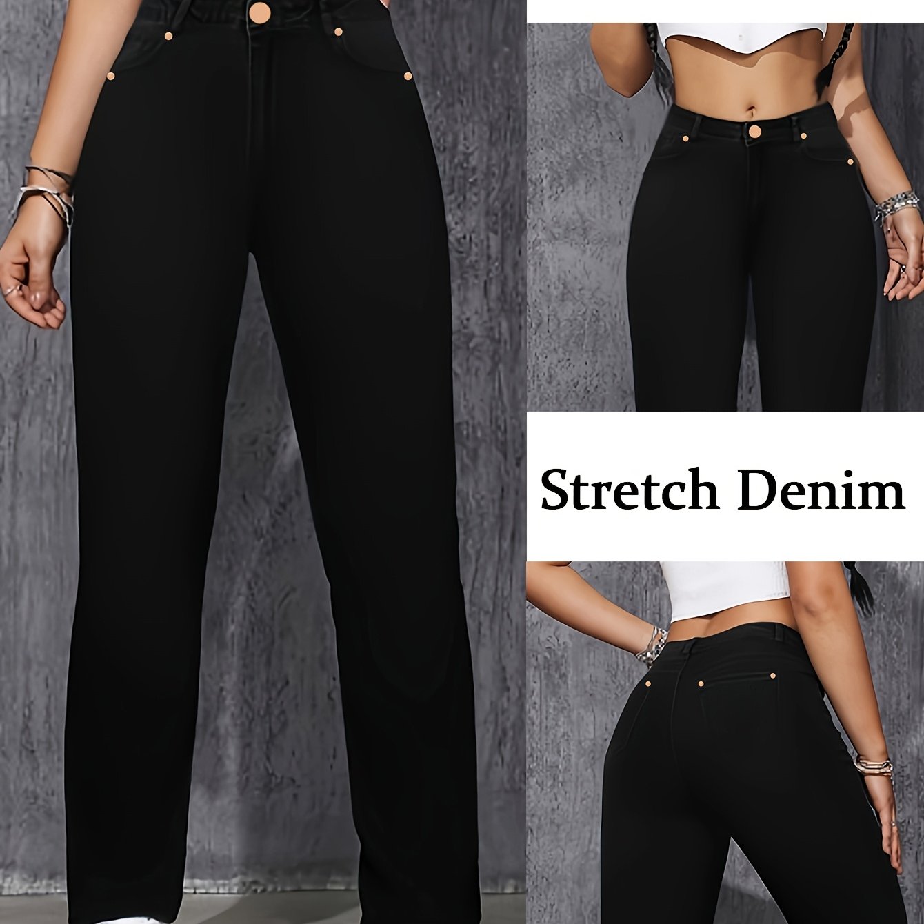 Image of Women's Fit Stretch Denim Long Pants, Mid-rise Straight Leg Jeans, Casual Fashion Comfortable Black Stretch Straight Leg Denim Pants For Women, Casual Outing Fit Trousers