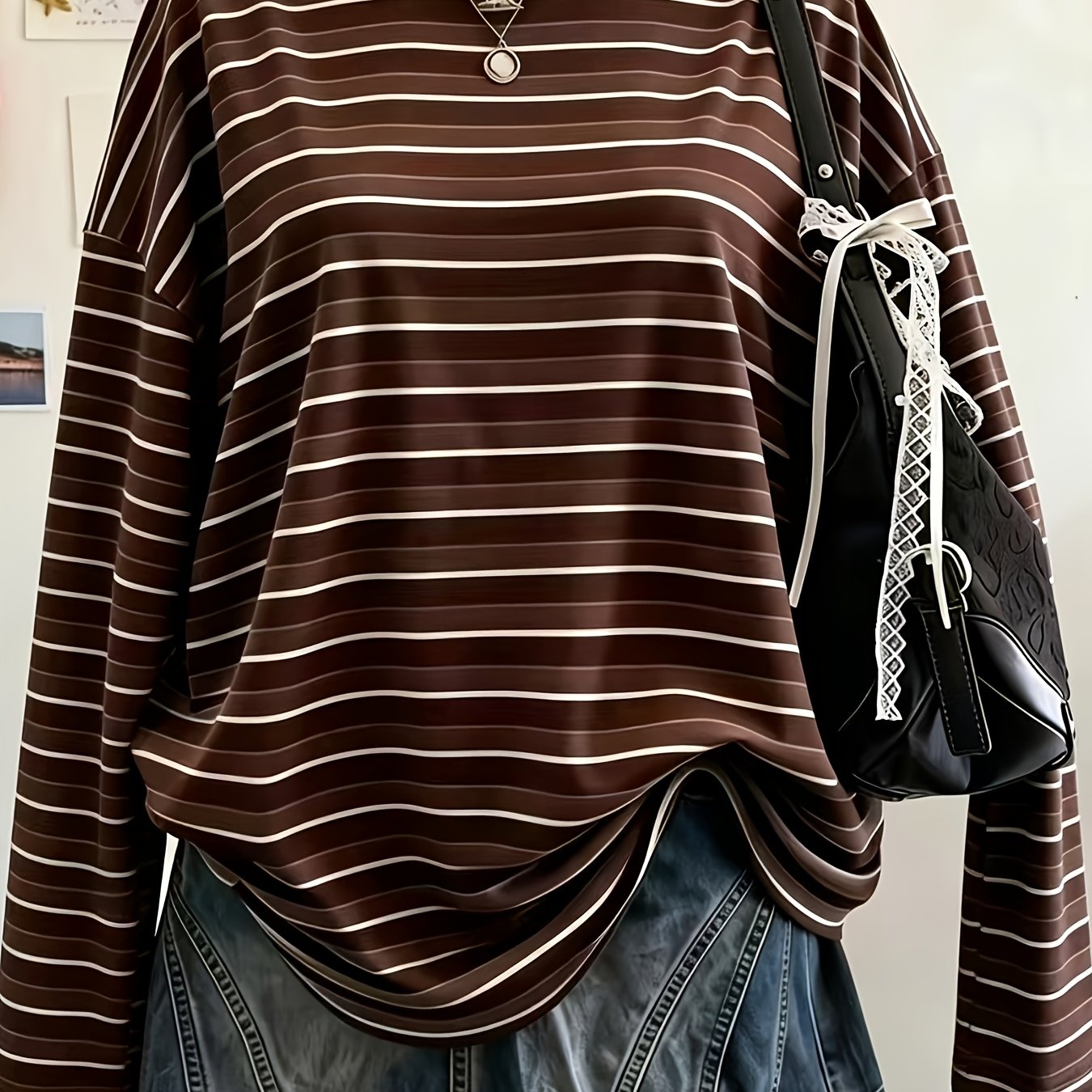 TEMU Striped Women's All- Round Neck Printed Long Sleeve T-shirt Style Round Neck Athletic Wear Fashion Versatile Elastic Large