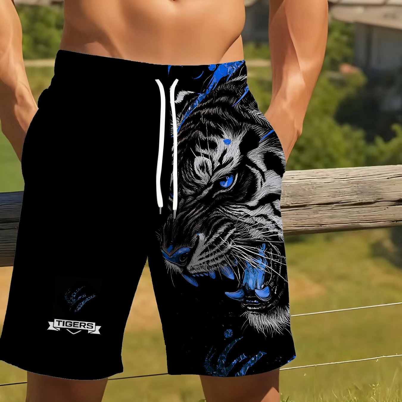 TEMU Men's Fashion Print Tiger Print Beach Shorts - Black Casual Polyester With Drawstring Waistband, Lightweight And Comfortable, Ideal For Summer |