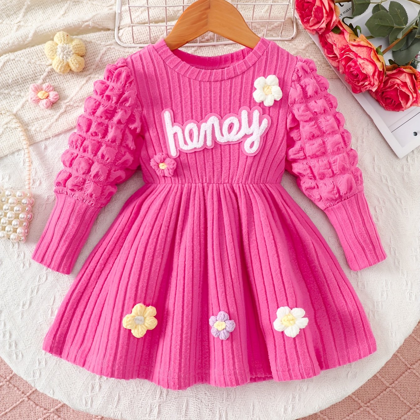 Baby Spring Autumn Cute English Letter 3d Flower Striped Puff Sleeve Dress, Soft Fabric, Suitable For Outdoor Activities, Infant Gift