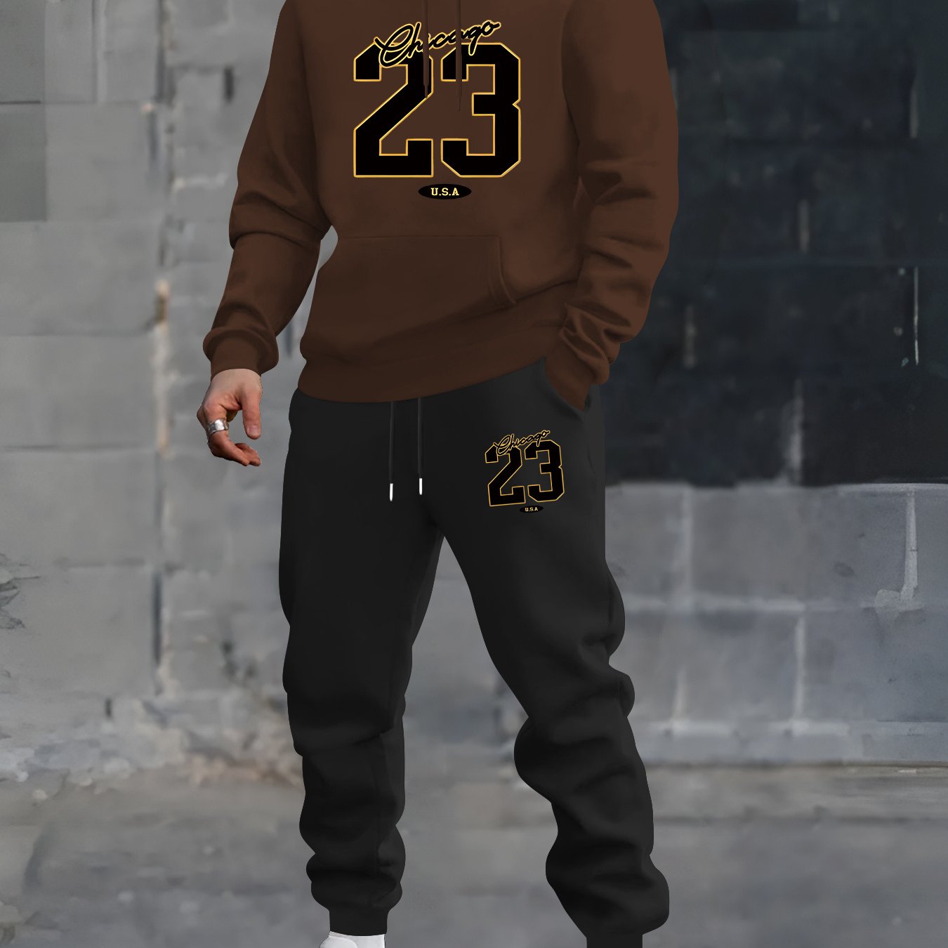 TEMU No. 23 Printed Element Men's Long Sleeve Hooded Sweatshirt Two-piece Set, Casual Sportswear Fashion Trendy Outfit