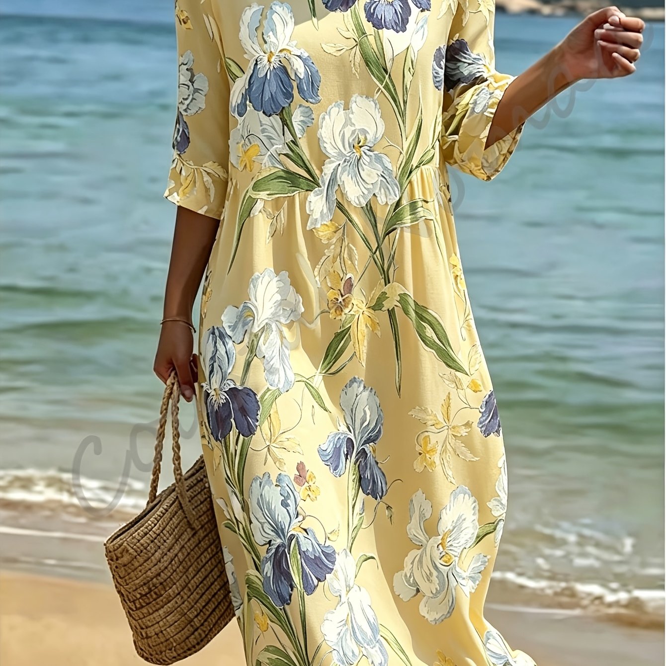 Women's Style Dress, Round Neck And Three-quarter Sleeves, Black Midi Dress With A Sophisticated Design, 2d Floral Print, Suitable For Work And Vacation.