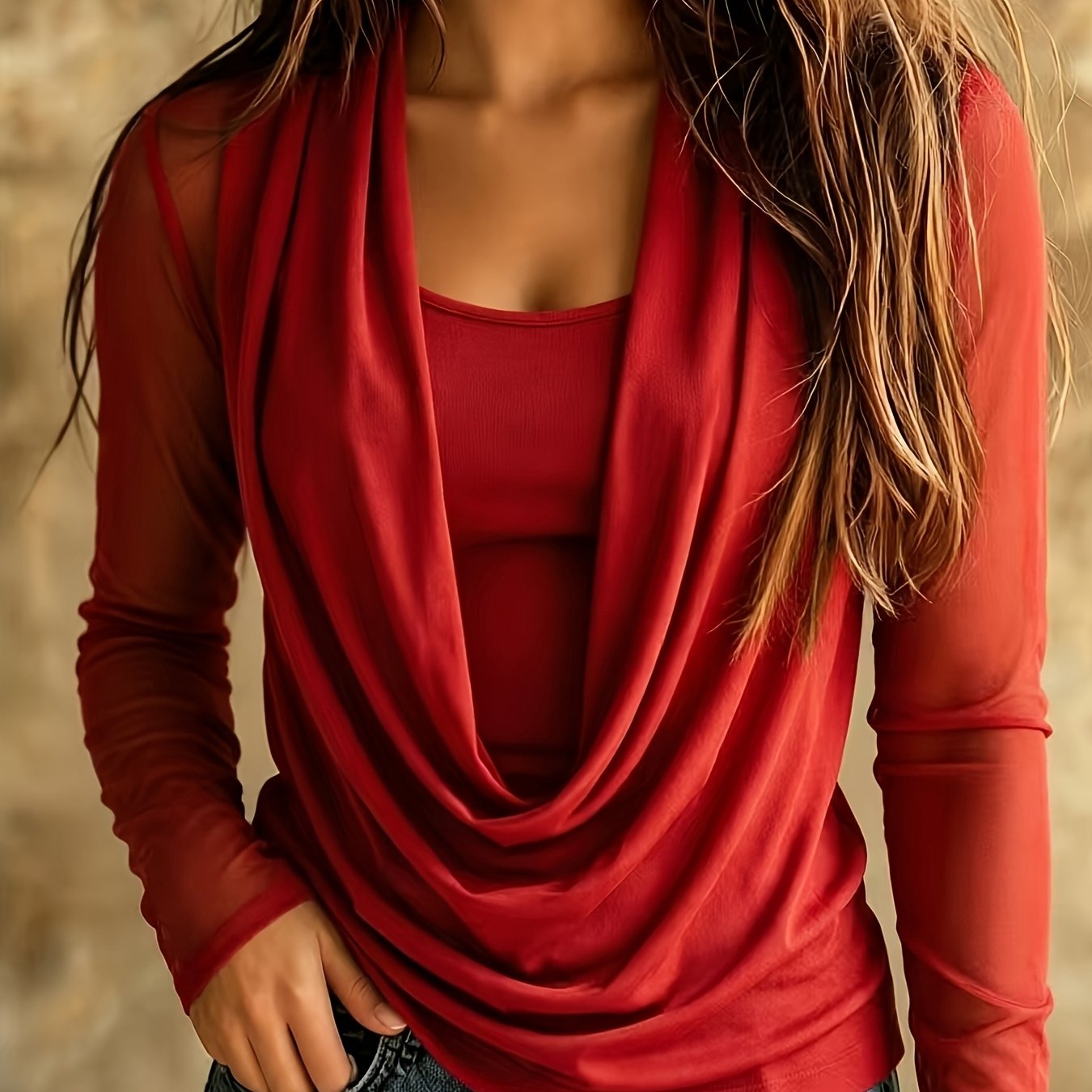 TEMU Ensemble pour femme BK260626072 comprenant une chemise à manches longues en à col évasé drapé français, un justaucorps à bretelles moulant et un