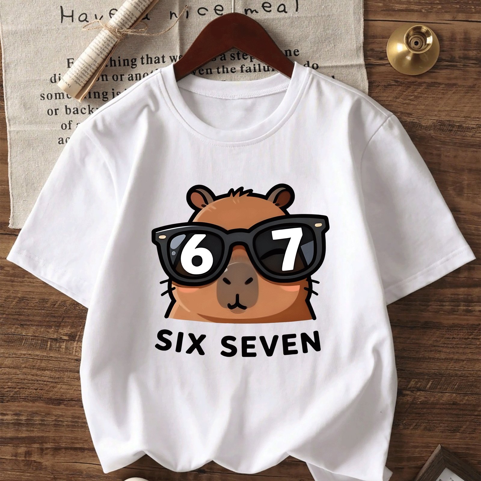 Image of Trendy And Fun "67" Capybara Wearing Fashion Glasses Pattern T-shirt With Cartoon Letter And Number Print, Short Sleeve Casual Summer Streetwear Top For Girls, Versatile