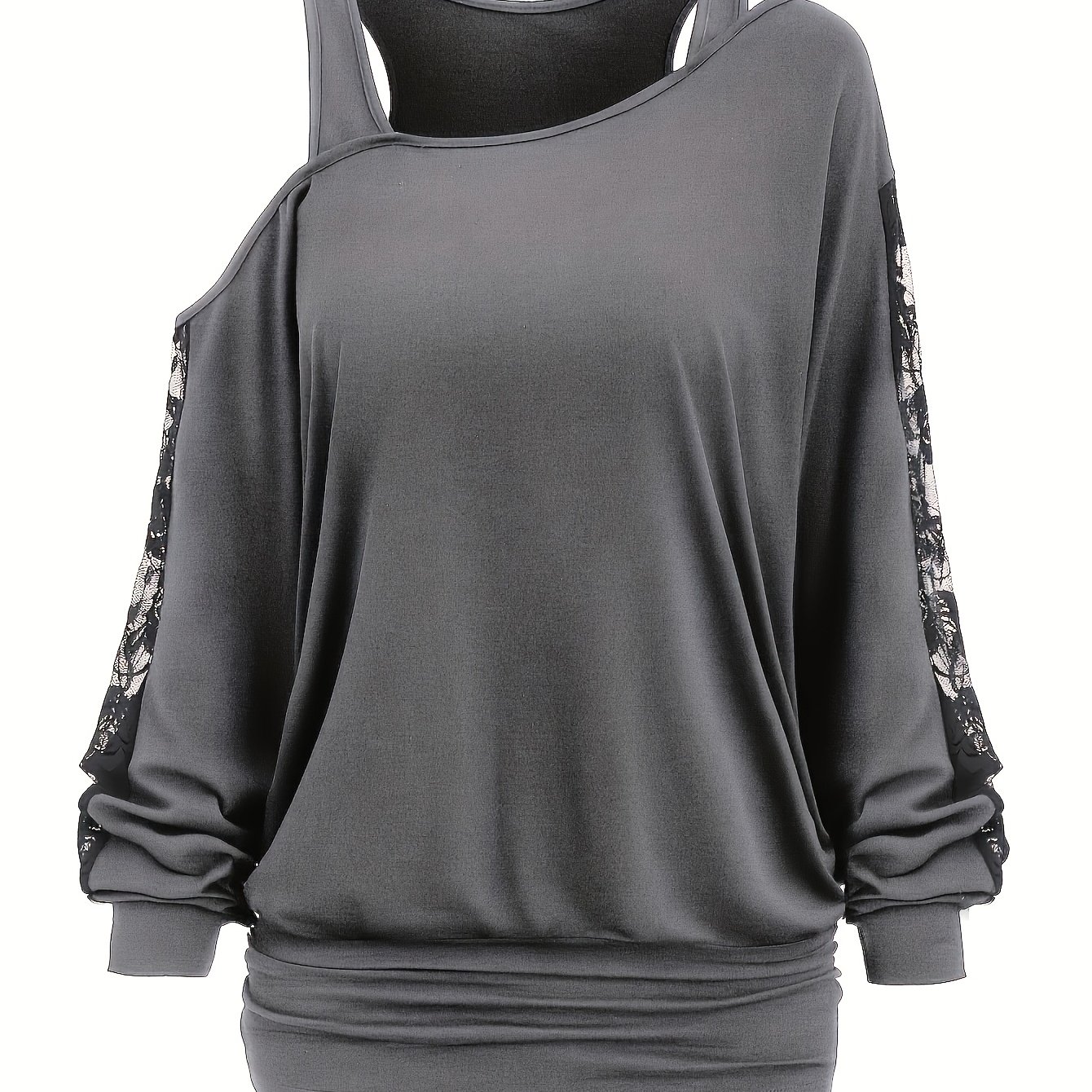 Image of Plus Size, Plus Size 2-in-1 Look Lace Spliced Long Sleeve Top
