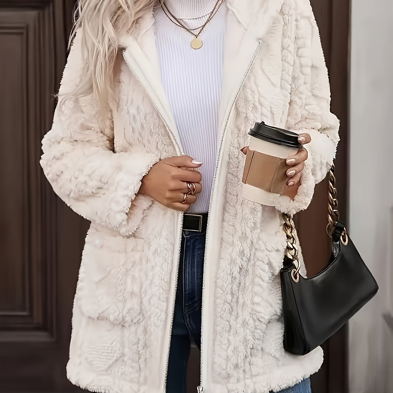 E-shop Einfarbiger Doppelseitiger Plüsch-Reißverschluss-Kapuzenpullover Damen Casual Mittellanger Plüschmantel für Herbst Winter
