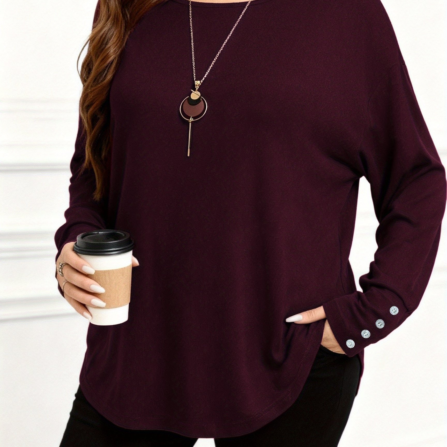 TEMU Plus Size - Plus Size - Plus Size Women's Long Sleeve Solid Color Casual Cuff Detail Elegant Versatile Everyday Wear