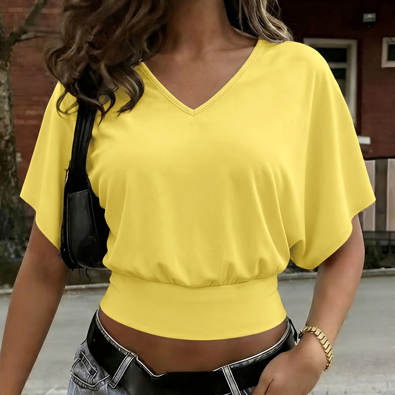 TEMU Women's Casual Fashion Sporty Solid Color V-neck Oversized Loose -cinching Short Sleeve Top