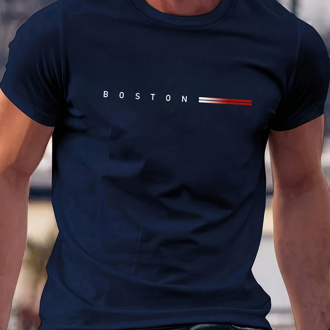 Image of Men's Twist "boston" Print Short Sleeve T-shirt, 180g 100% Cotton, Summer Base Layer, Factory-made, Comfortable, High-quality, Well-fitting, Casual, Sporty, Luxury