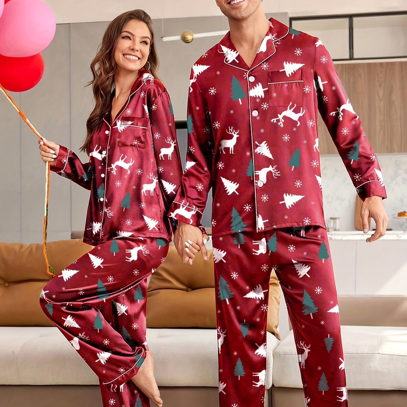 TEMU Couple's Pajamas For Men Or Women, Featuring Long-sleeve Cardigans And Long Pants, Perfect For Autumn And Winter, Designed For Christmas, Set,