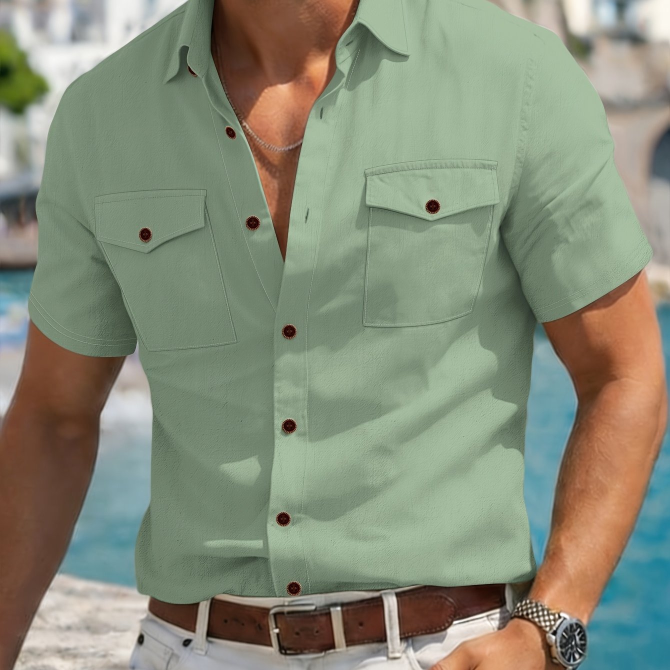 TEMU New Summer Men's Short-sleeve Shirt, Fashionable Workwear Style With Dual Pockets
