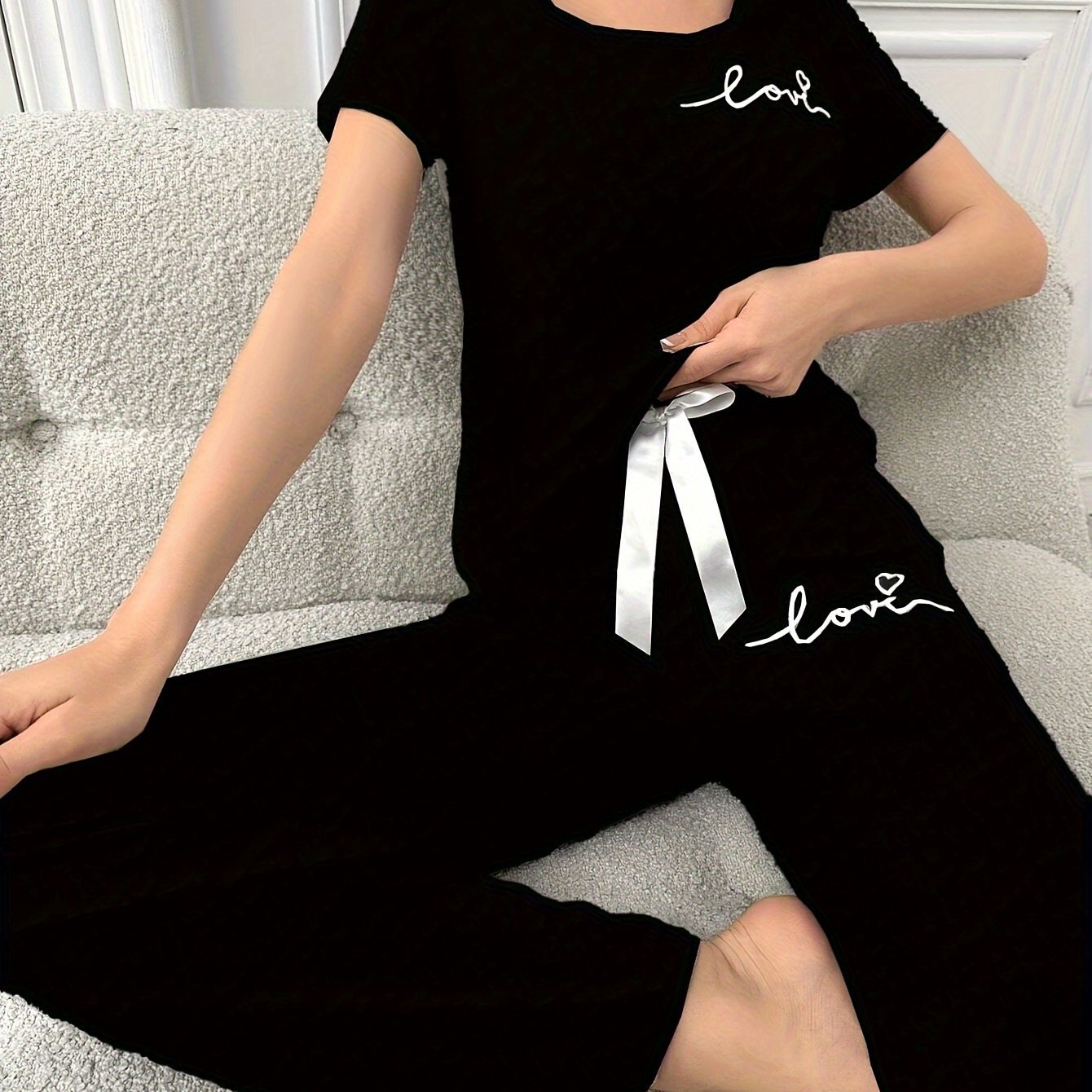 Women's Round Neck Letter Print Short Sleeve T-shirt Casual Pajama Set