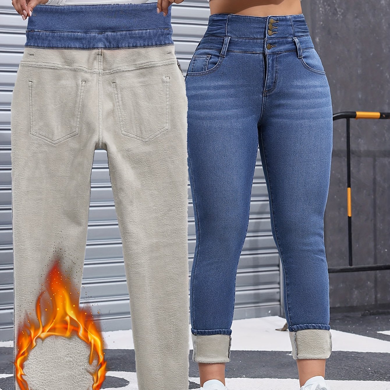 Women's -lined Thick Denim Jeans, Warm Winter Long Pants, Washed Denim