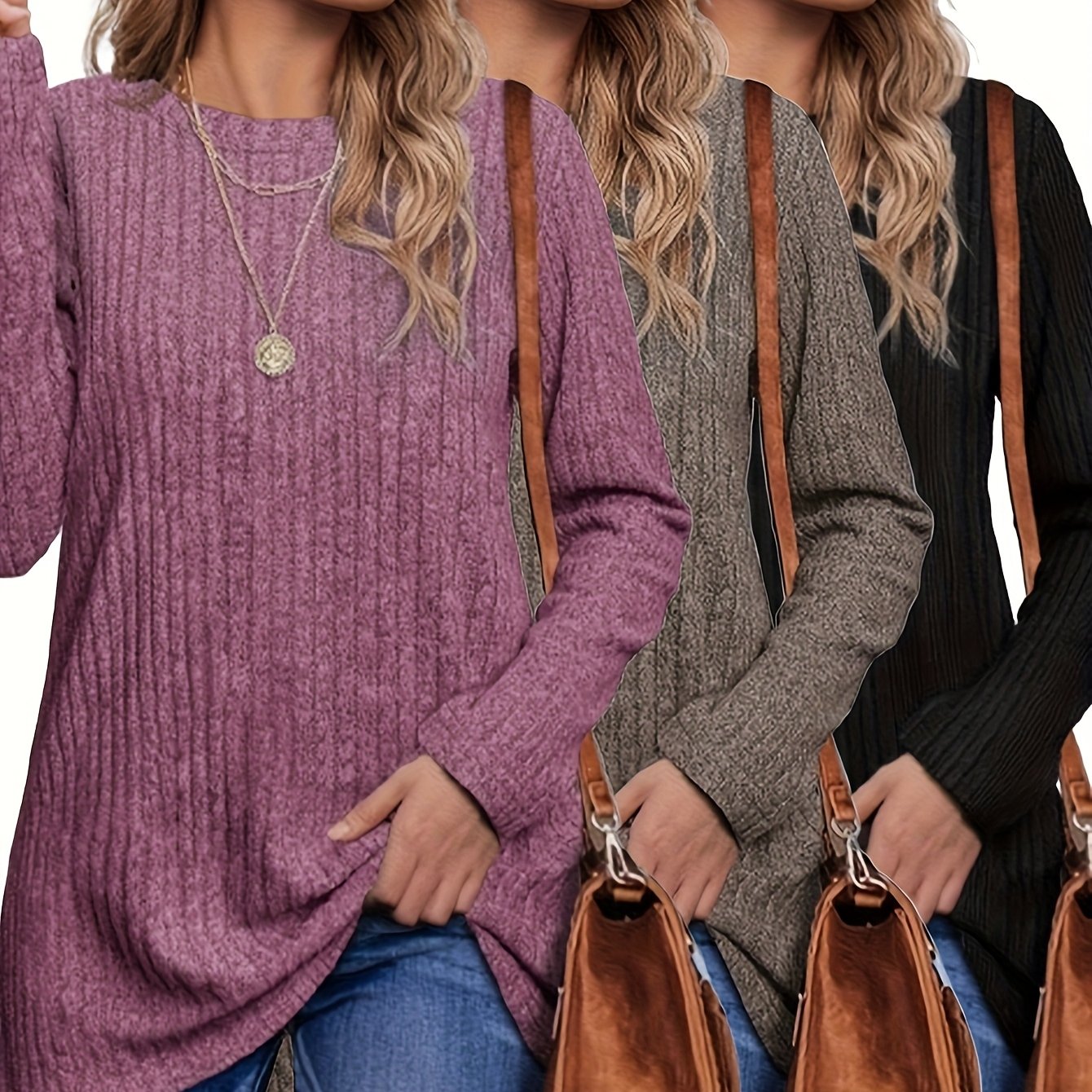 TEMU Three-piece Women's Long-sleeved European And Sweater, Casual Round-neck Light And Loose T-shirt