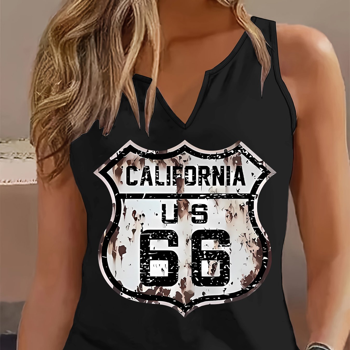 TEMU Women's Vintage Route 66 Print Sleeveless V-neck Blouse - Breathable Summer Top With V66 Number 052#, Casual Loose Fit For Outfits & Casual