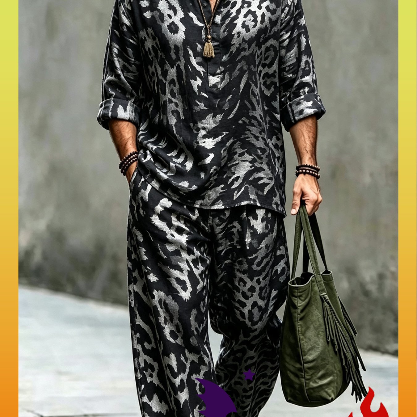 Image of Men's Style Trendy Print Loose Casual Shirt And Pants Two-piece Set For Adult Men' Casual Vacation Wear