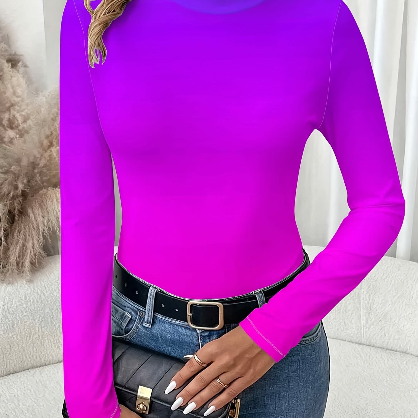 TEMU Maillot de corps violet à col roulé et manches longues, T-shirt élastique pour femmes, Haut polyvalent et tendance