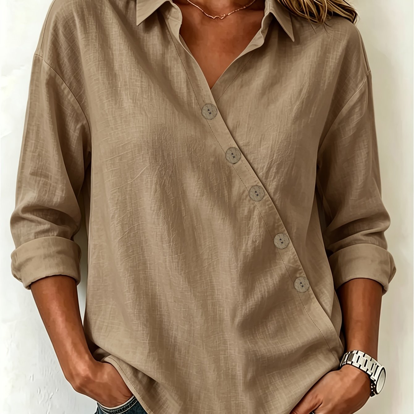 TEMU Spring/autumn New Slant V-neck Shirt, Women's Loose All-match Temperament Top Shirt