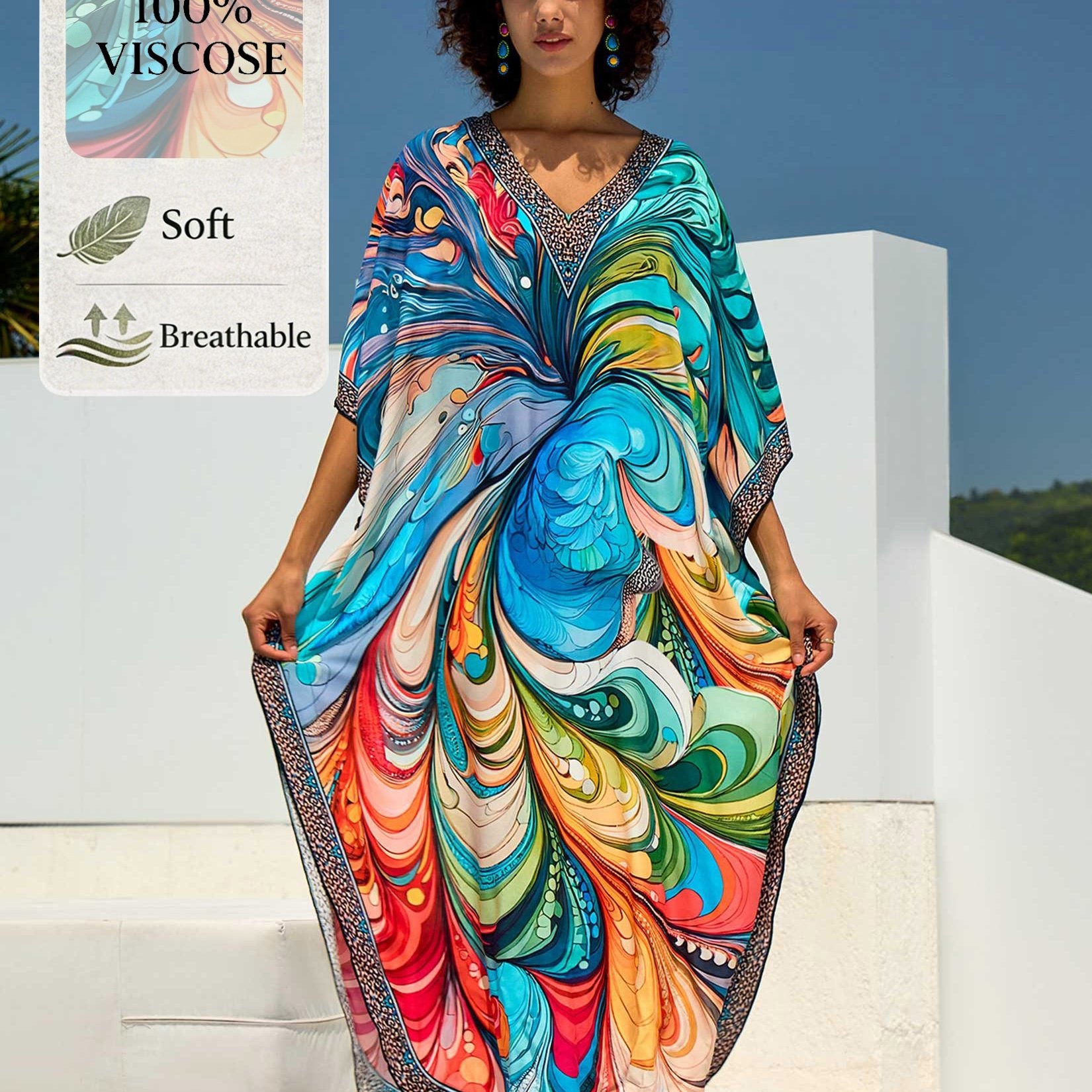 E-shop Kleid in Übergröße mit V-Ausschnitt - Lebhafter, mehrfarbiger Blumenmuster, locker sitzende Maxikleid für Damen, für Strand und lässige
