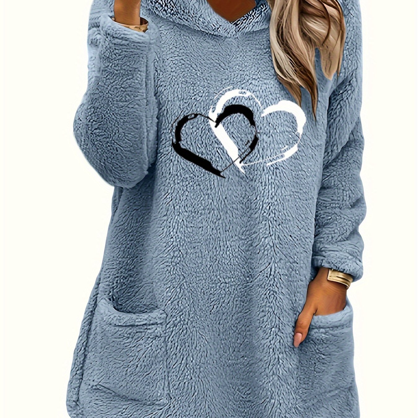 Image of Love Print Hoodie, Autumn And Winter Double-sided Plush Warm Pocket Loose Pullover, Women's Wear