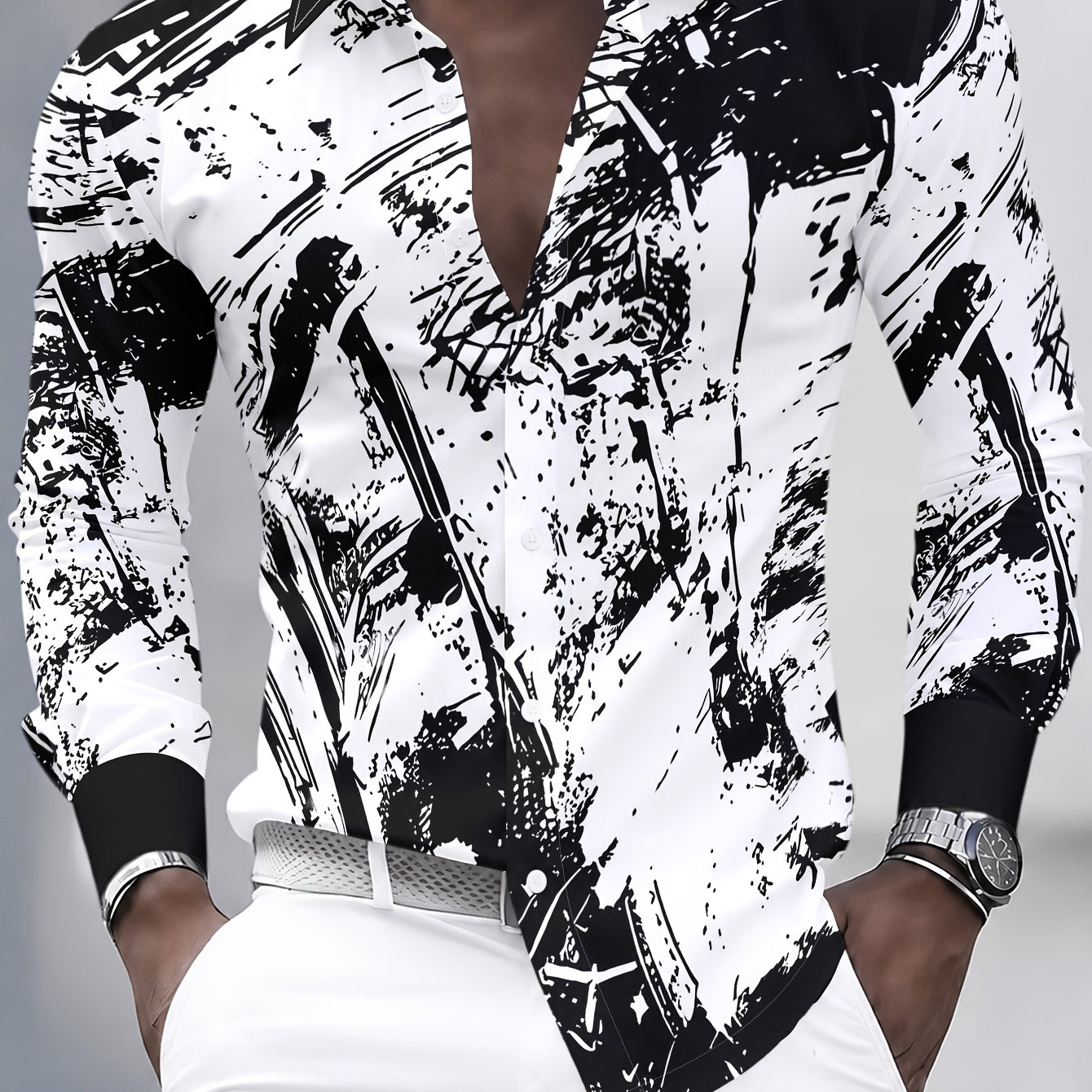 TEMU [printed Design â Not Textured] 's Long-sleeve Shirt With Abstract Art Print