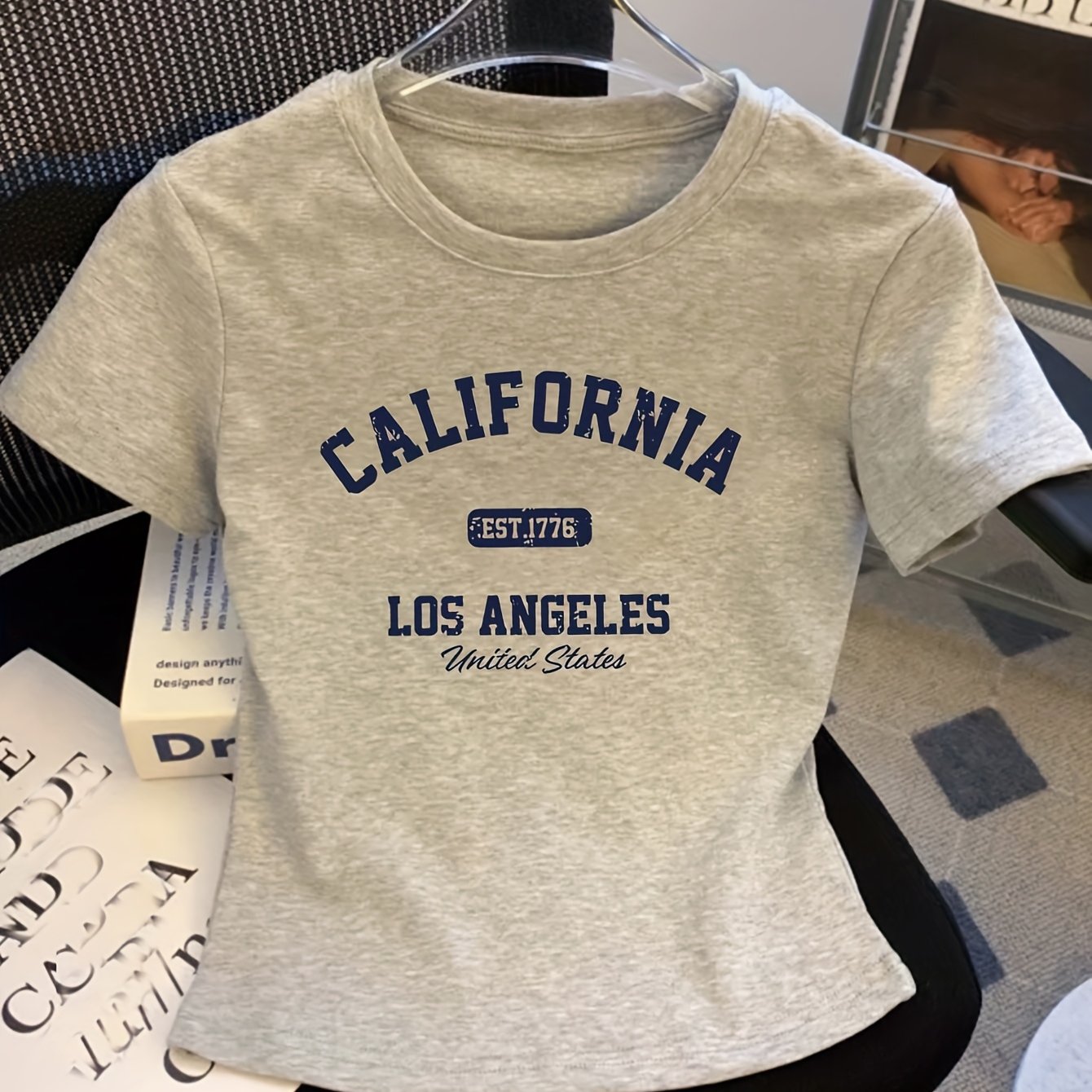 TEMU Women's California Graphic Oversized T-shirt - Vintage 1776 Los Angeles Print, Fabric, Round Neck Short Sleeve, Machine Washable Casual Summer