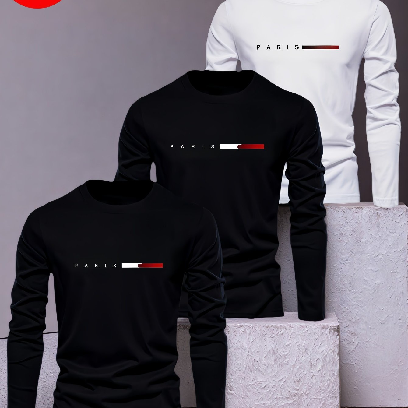 3pcs Men's Black And White Long-sleeve T-shirts | Paris Text With Horizontal , , Breathable, Classic Round Neck, , Durable Fabric, Machine Washable - Ideal For Everyday Casual & Formal Wear