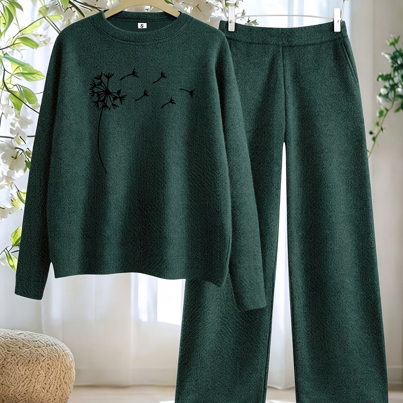 TEMU New Arrival Women's Fall Winter Thick 2pcs Outfit, Printed Loose Crew Neck Pullover Top Straight Leg Pants Set, Fashion Casual Long Sleeve Warm