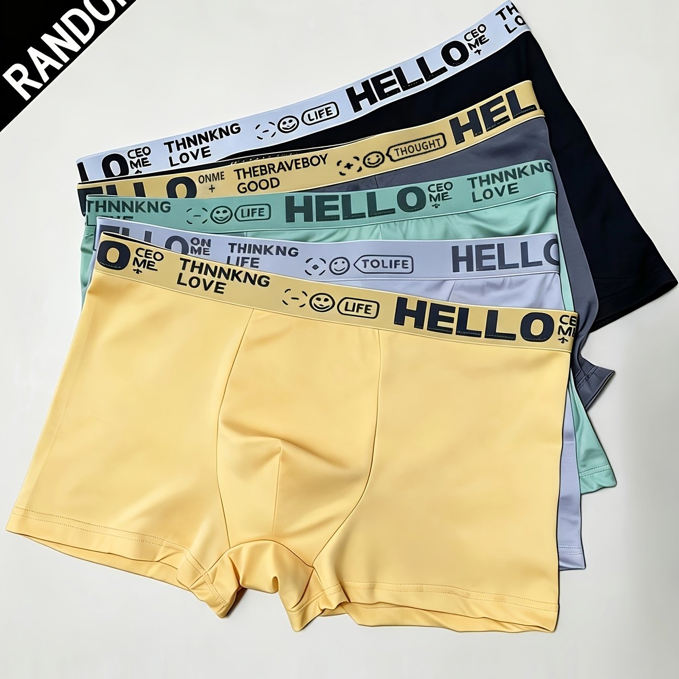TEMU 4pcs Random 4pcs Mixed Color Men's Underwear, Teen Fashion Underwear, Hello Pattern, Knit Fabric, Medium Stretch, Comfortable And Breathable,