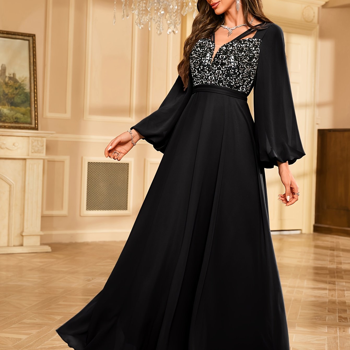 Elegant Black Long Fancy Dresses Graduation Dresses Black Evening Plus Size  Chiffon Formal Dresses Giffniseti Women's