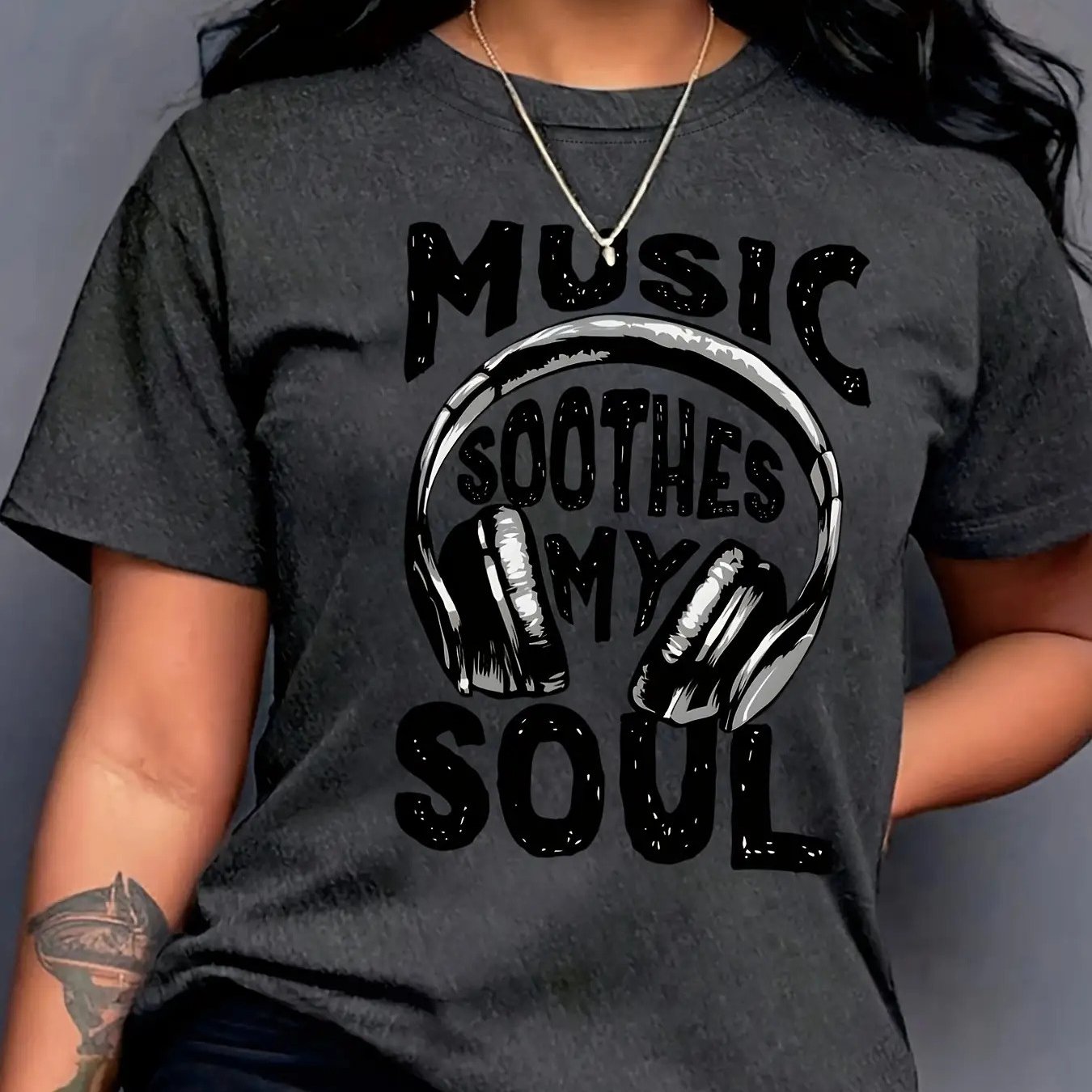 TEMU Plus Size, Women's Plus Size Oversized - "music Soothes " & Headphone Print Short Sleeve Crew Neck Top, Casual Spring Summer Casual Attire,