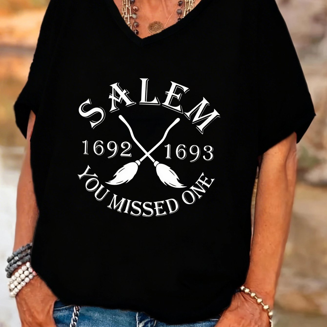 TEMU Plus Size, Casual V Neck Women's T-shirt Salem 1692 1693 You 1 Witch Broom Design Halloween Autumn Gift For Her