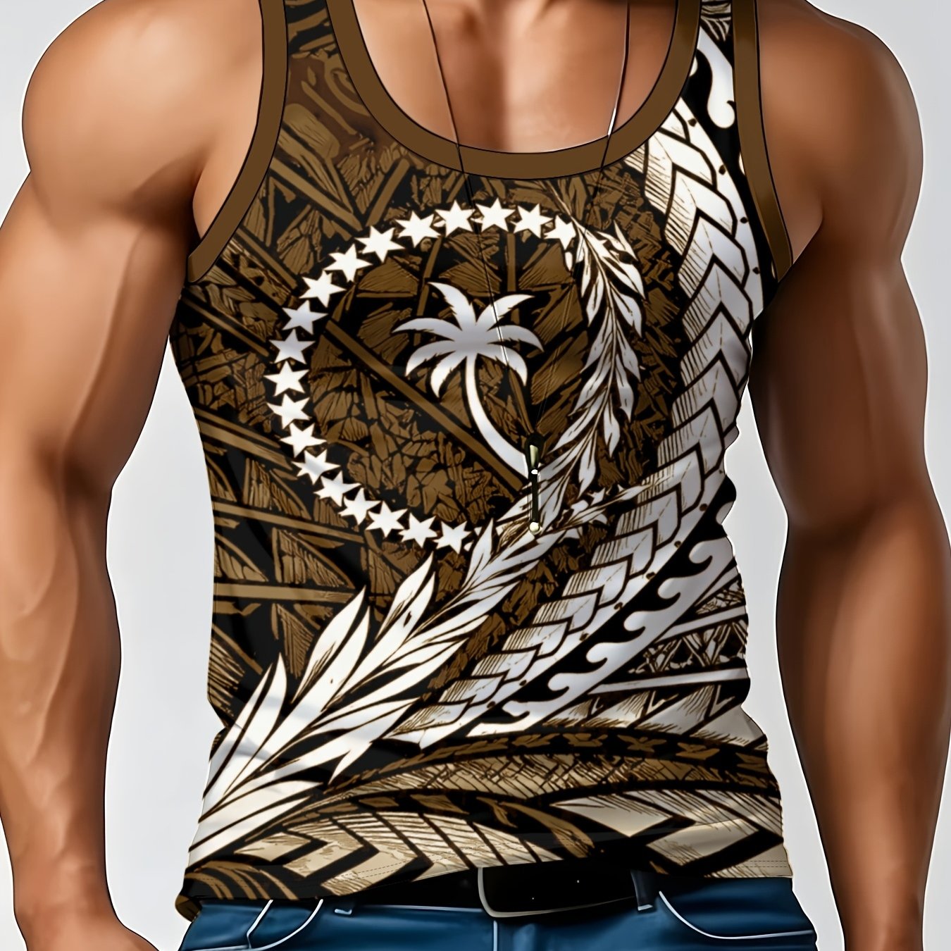 TEMU [print Design- Not Textured] Men's Casual Round Neck Sleeveless Vest Top Geometric Print Wear, Plus Size