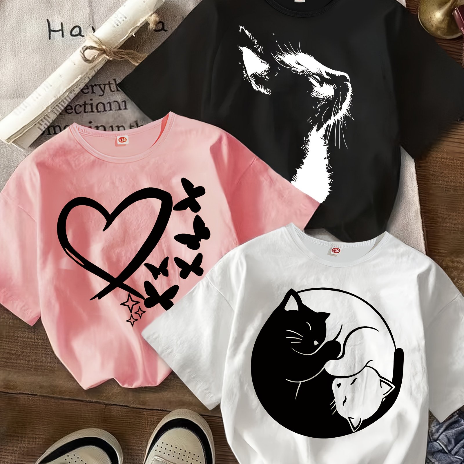 E-shop 3er-Set Trendige Mädchen-T-Shirts mit Kurzarm, Bequemes Polyester Sommeroberteil mit Lustigem Schmetterlings-Liebe & Einfachem