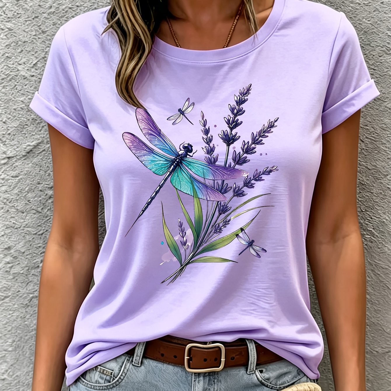 TEMU Watercolor Lavender Dragonfly Pattern Printed Short-sleeve, Regular Fit Round Neck T-shirt, Fashionable And Elegant Spring/summer Women's