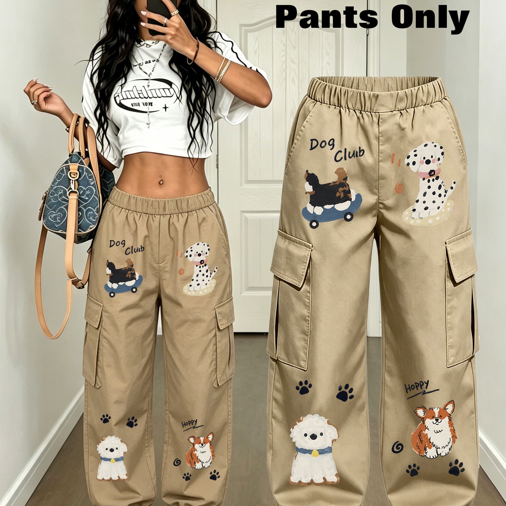TEMU Plus Size Women's Multi-pocket Ankle-cinching Cargo Pants, Multi-style Cartoon Print English Combination Printed Y30k Printed Ankle-cinching