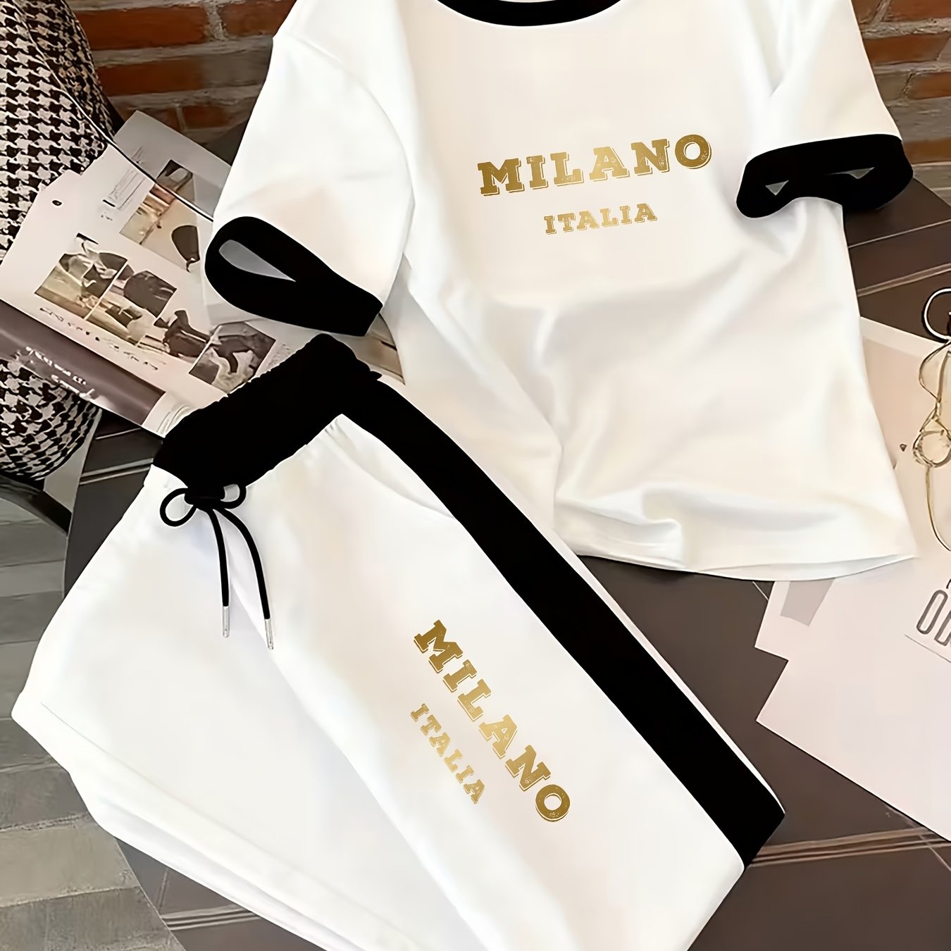 TEMU Italia Commuter Style Golden Letter Print Black Trim Short Sleeve T-shirt   Loose Wide-leg Pants Set, Lazy Relaxed Fit 2pcs Outfit, Versatile