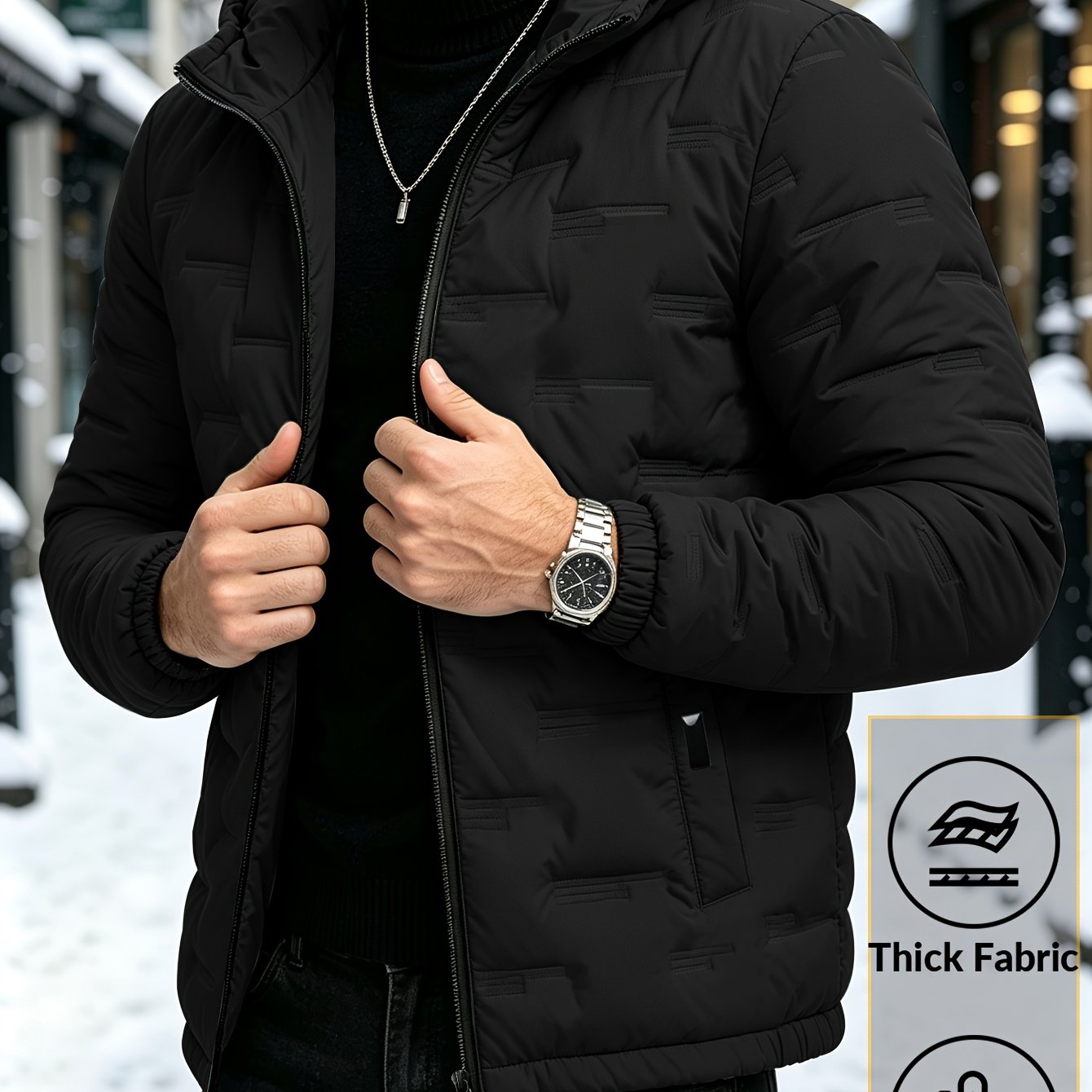 TEMU Chaqueta de invierno con capucha para hombre, abrigo y atlético de calidad, relleno de fibra de tela plisada y cómoda, lujosa, y de negocios,