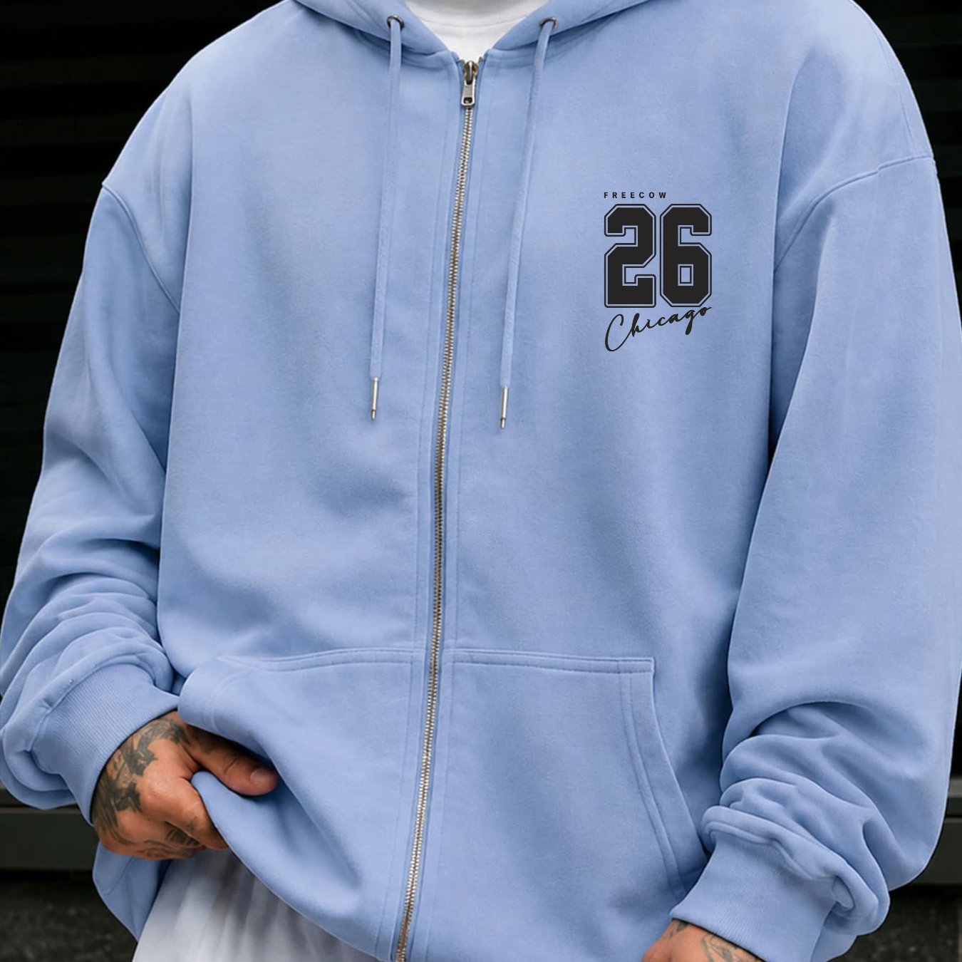 Image of Unisex Ultra Oversized Lightweight Zip-up Hoodie, Super Loose Fit Thin Fabric Casual Sweatshirt With Chicago 26 Print, Street Style Daily Wear Trendy Fashion Autumn Winter Outerwear For Men And Women