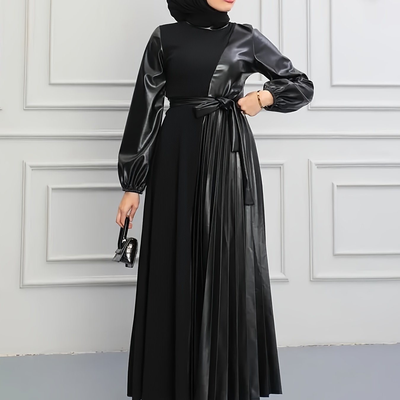 Middle Eastern Solid Color Pleated Long Split Women's Dress