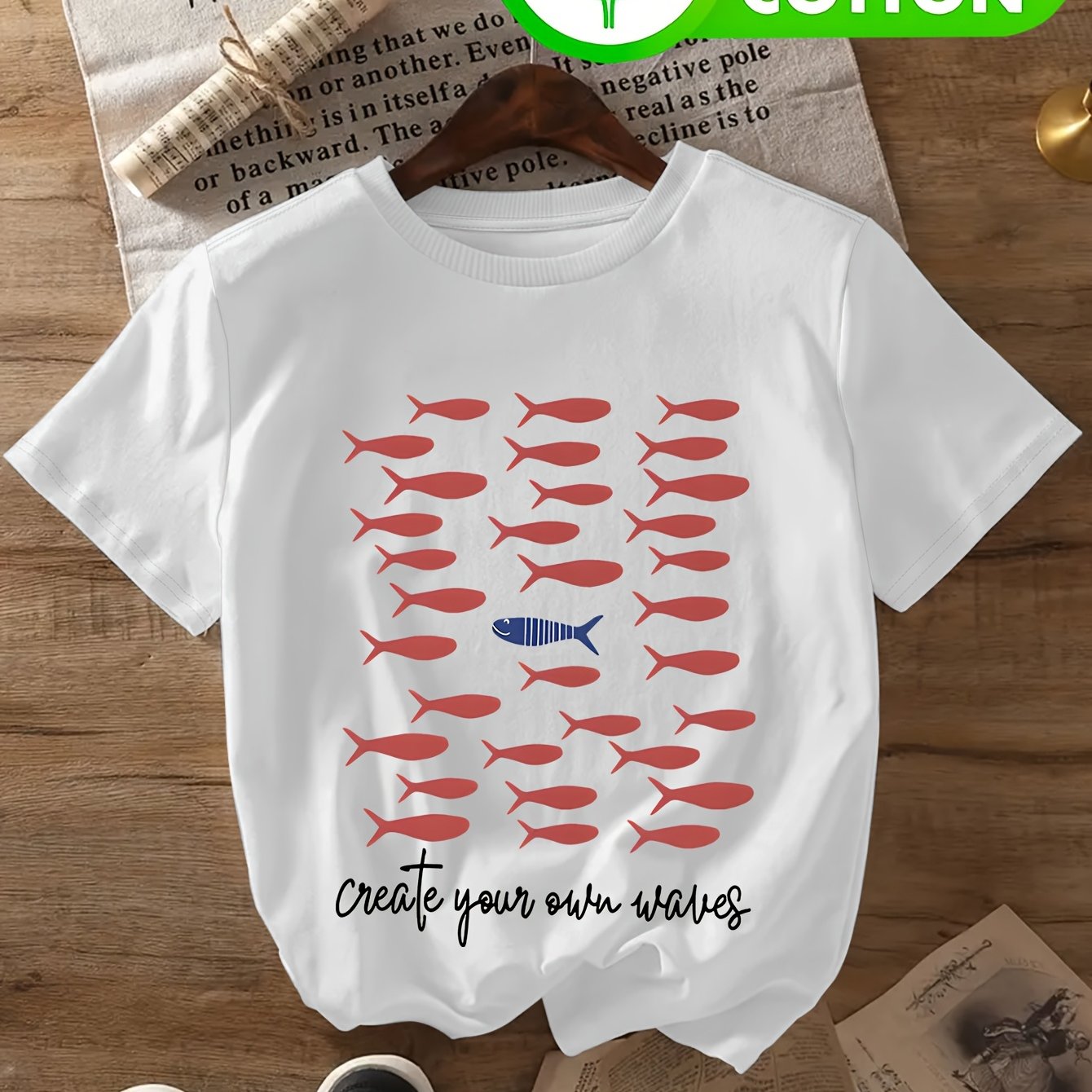 Image of Plus Size - Women's Trendy Fashion Pure T-shirt With Create Your Own Wave Inspirational Slogan And Red Fish Pattern Print, Spring Summer Casual Outing Vacation Wear, Soft Comfortable Design