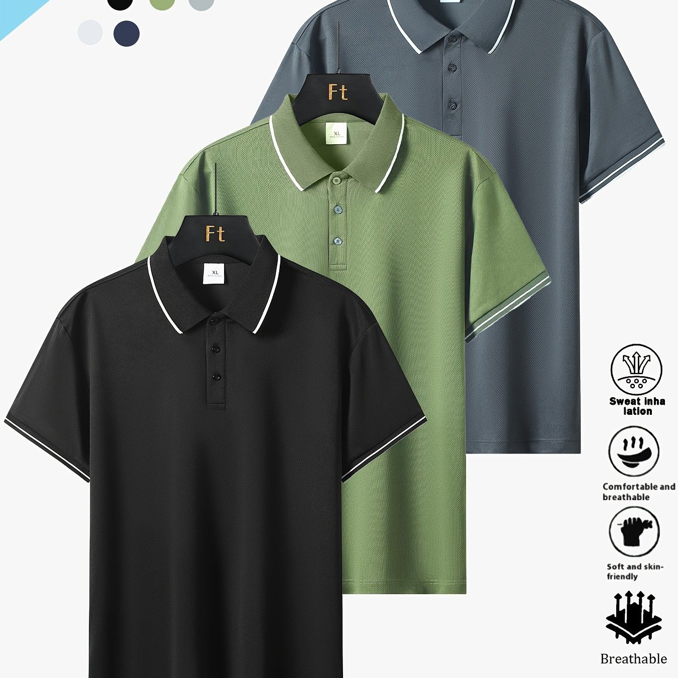 TEMU 3pcs Set Of Summer Striped Collar Men's Short-sleeved Shirts Light Plate Solid Color Striped Casual Sports Travel Date | Breathable And