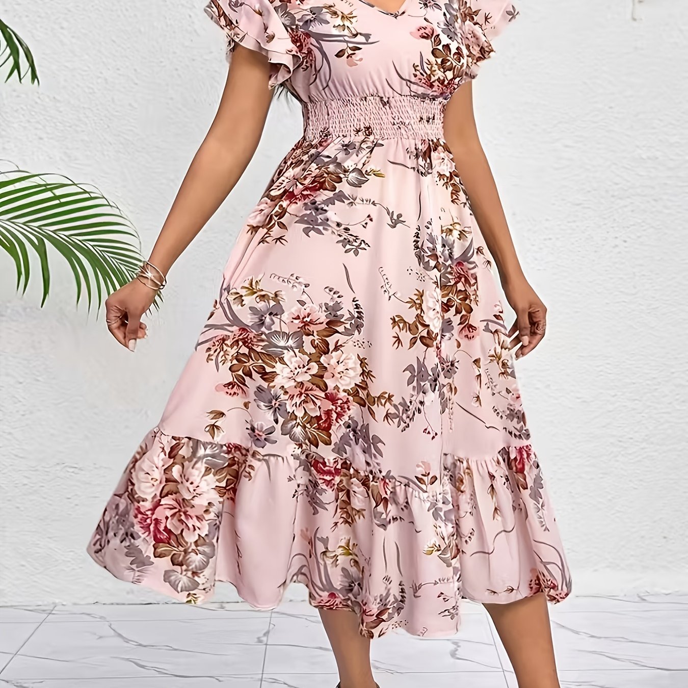 TEMU Women's Printed Ruffle Waist Midi Dress