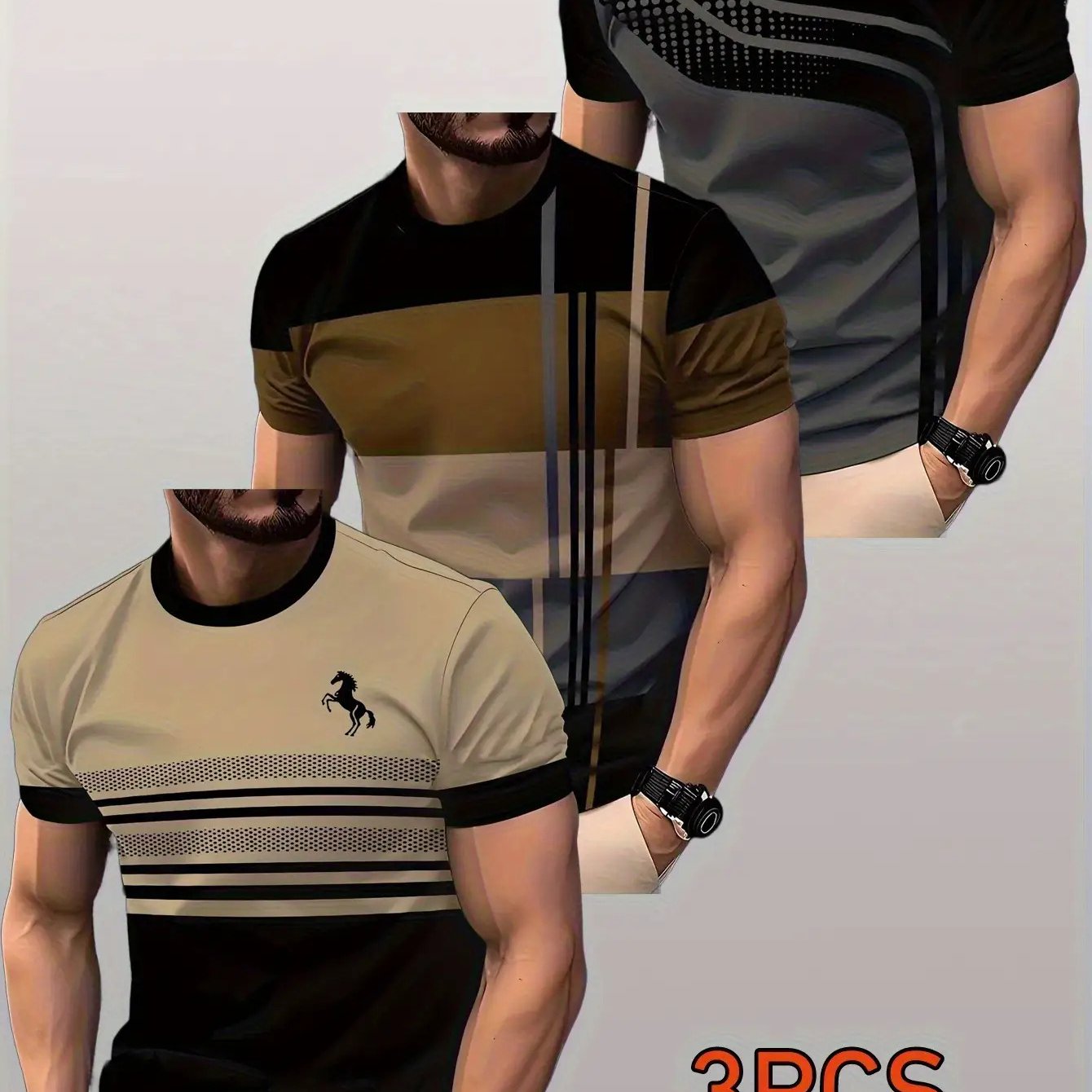 TEMU 3pcs Men's Breathable Summer Shirt - Horse -block Striped Short-sleeve T-shirt, Stretchy Crew Neck Fitness & Casual Wear, Machine Washable -