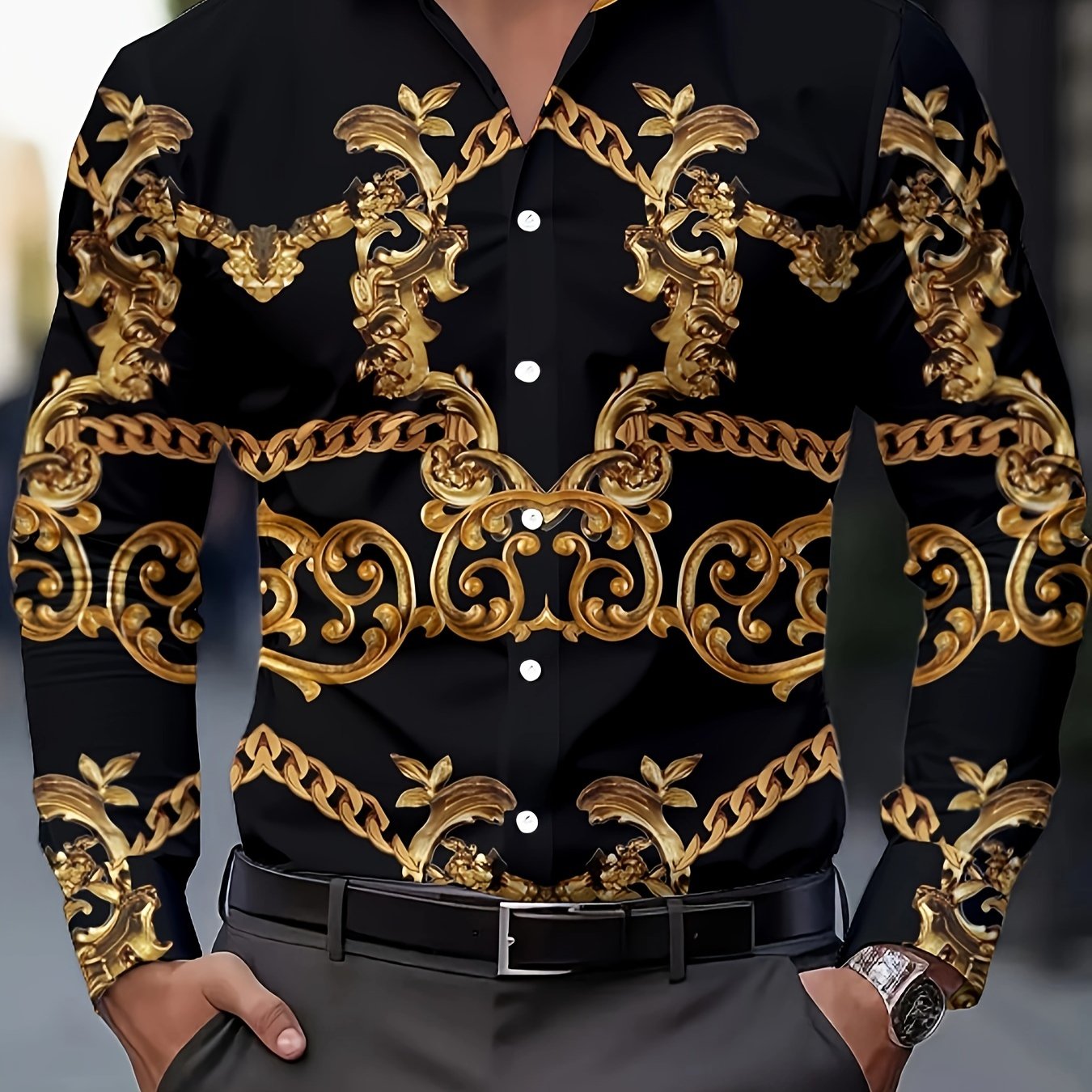 Image of Men's Casual Button- Shirt With Collar - Chain Print Long Sleeve Button-up Blouse For Spring/autumn, Machine Washable Of Color & Wear, Office & Semi-formal Attire