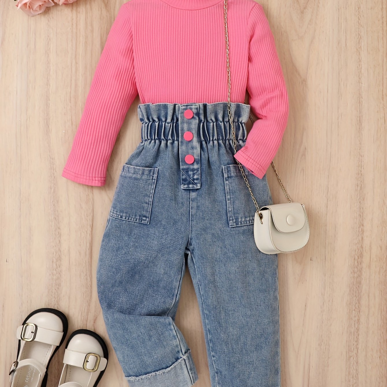 Image of Girl's High-neck Top And Denim Pants Set. The Set Includes Denim Pants And A Comfortable Ribbed Long-sleeve Top, Perfect For Outdoor