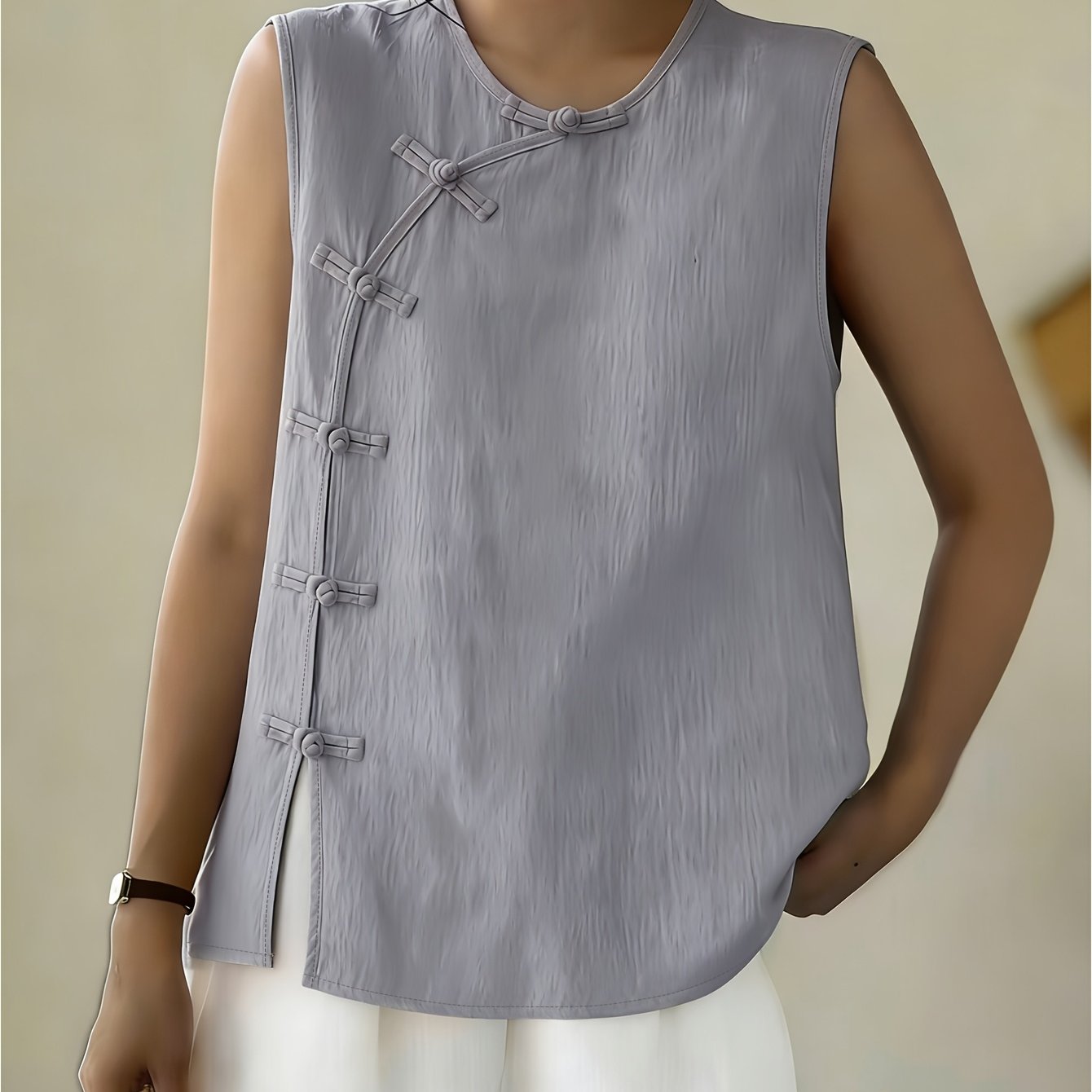 TEMU Amnfuil Women's Chinese Style Sleeveless Blouse Top - Button-front Slant Collar Round Neck Vest, Solid Color Button-front Closure, Machine