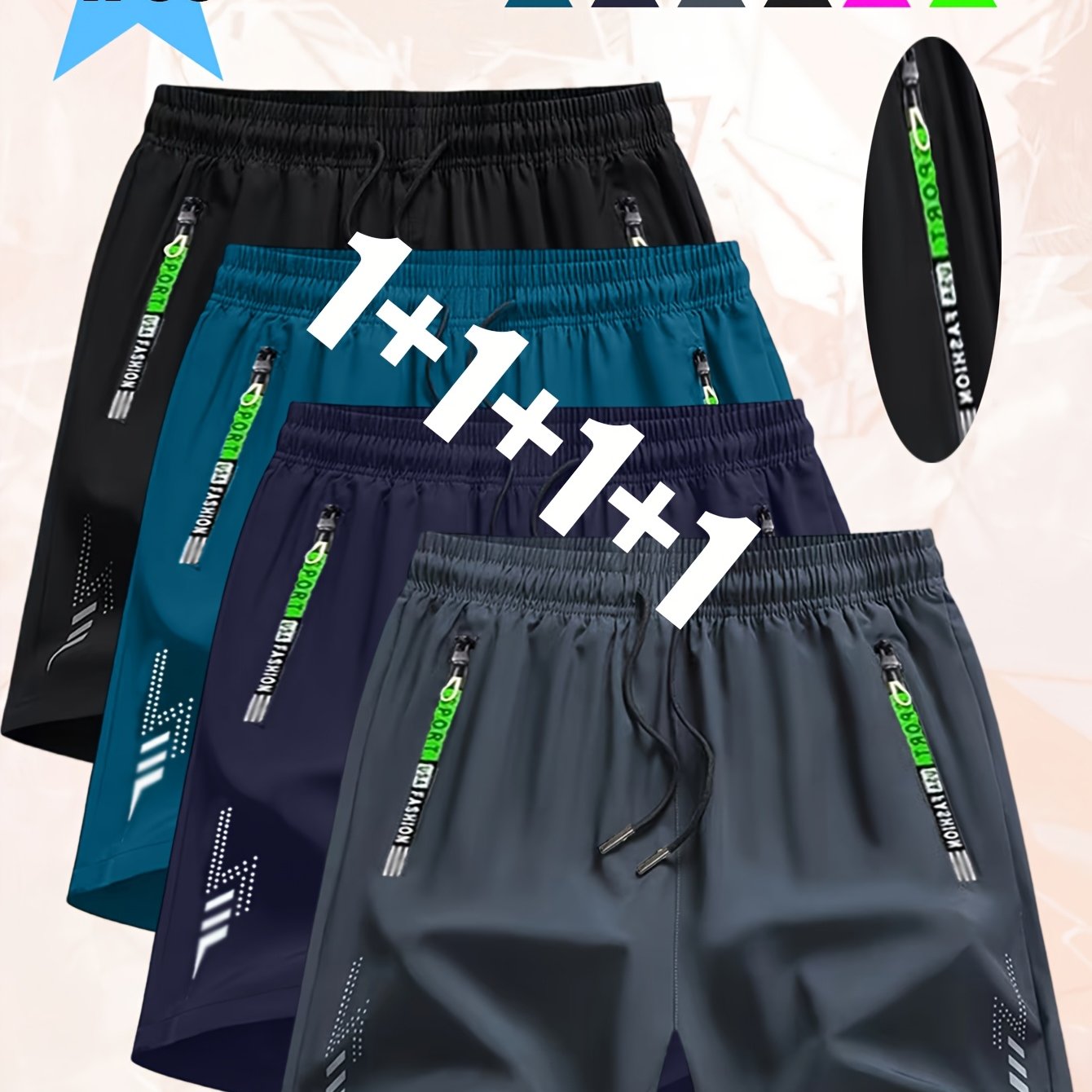 TEMU Men's Multi-piece Pc Summer Quick-dry Casual Shorts Set - Breathable Shorts With Zipper Pockets For Hot Weather, Beach And Daily Wear Swimming