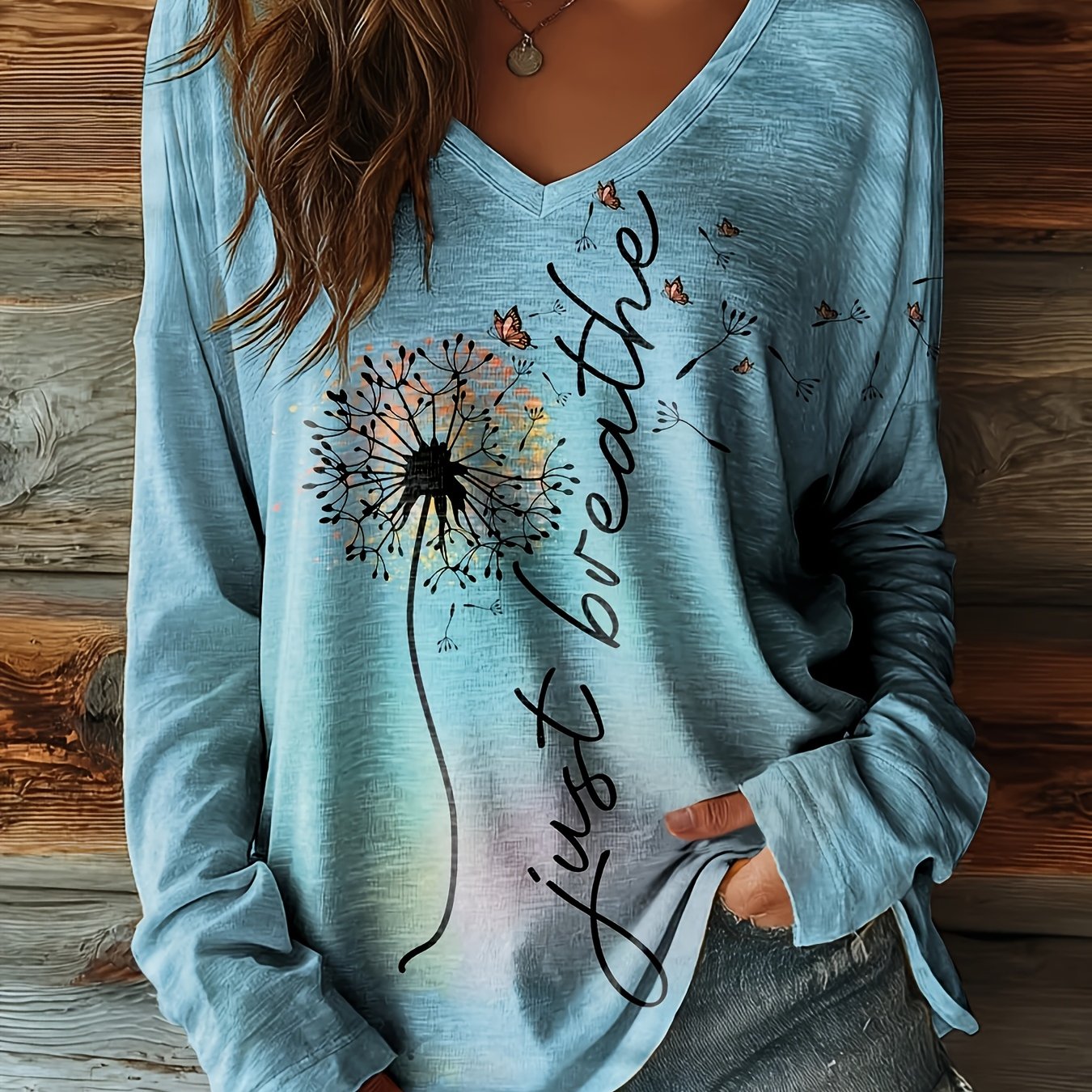 Loose Long-sleeve V-neck Top For Women In Light Blue Tie-dye With Dandelion Print, Perfect For Casual Autumn And Winter Wear, Made From Slightly Stretchy And Comfortable Fabric
